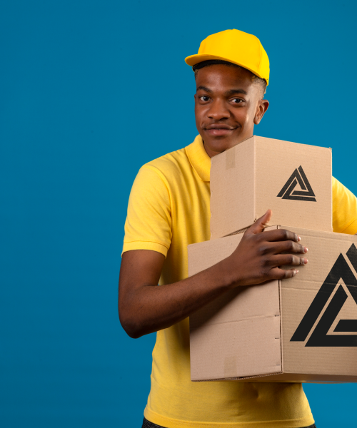 delivery-african-american-man-yellow-polo-shirt-cap-holding-cardboard-boxes-with-friendly-smile-standing-isolated-blue